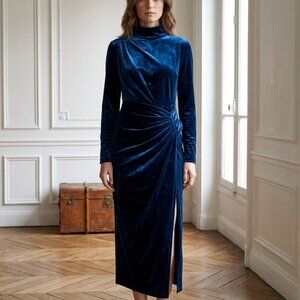 Shein Elegant Blue Velvet Faux Wrap Turtkeneck Maxi Dress Size Small